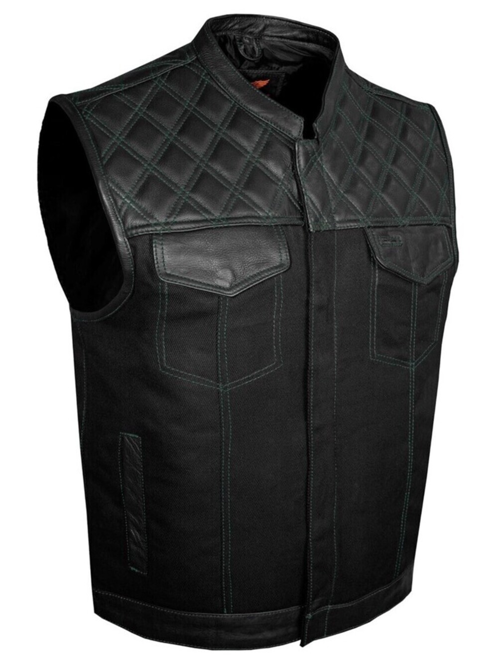 Dream Apparel Black Club Vest Diamond Design Green Thread Leather & Denim 50 XL